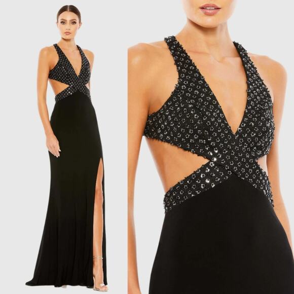 Mac Duggal 68166 Black Floral 8 Sequined Cut Out Cross Bodice Gown Formal Dress - Picture 1 of 11